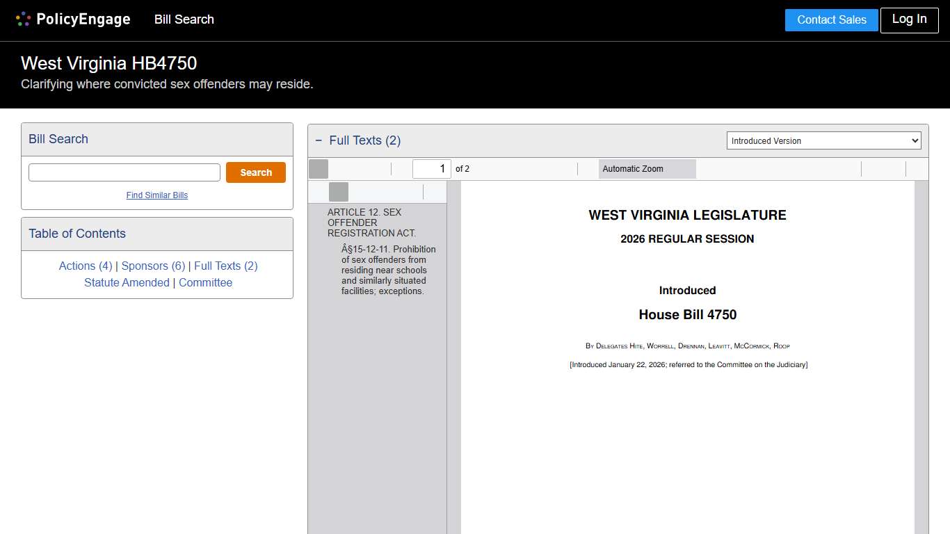 HB4750 West Virginia 2026 Clarifying where convicted sex offenders may reside. - Legislative Tracking PolicyEngage